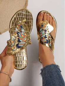 1 Pair Women's Flat Sandals, New Summer Style, Leather T-Strap Thong Slippers, White & Gold Fashion Open Toe Butterfly Vacation Style Slide Sandals - Gold - View 1