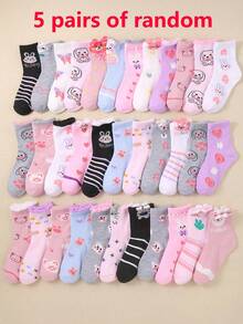 20 双女童过膝袜，儿童短袜，圆领袜，颜色随机组合，带有兔子、爱心、花朵、熊图案，适合女孩日常穿着（1-16 岁），透气、舒适、柔软。 - 彩色 - 查看 9