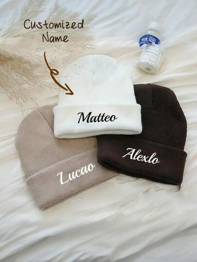 Customized Hats, Unisex Elastic Knit Beanie, Personalized Knit Hat With Custom Text/Name - Breathable Winter Hat, Solid Color Knit Hat, Casual Cap, Women's Winter Hat, Cute Hat, Fashion Headwear, Couple Style With Custom Text