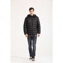 Lightweight Men's Puffer Jacket – Hooded Cotton-Padded Zipper Coat For Winter Cold Weather, Comfortable Travel Outerwear & Christmas Gift Option - 黑色+牛仔布 - 查看 3