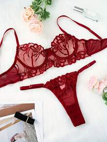 weiweihu European And American Women's Sexy Underwear Set, Lace Embroidery, Sexy Underwear, Perspective Underwear, 2-Piece Set [With Steel Ring] ,Christmas Lingerie, Lingerie For Women,Lingerie Set,Lenceria Mujer,Lencería,Red Lingerie,Sexy Christmas,Lingerie For Women Christmas,Bridal Lingerie,Holiday Lingerie,Lingerie For Women>Burgundy,Christmas Lingerie>Holiday, Mujer Conjuntos,Lingerie For Women>Gown,Lingerie For Women>Green - 酒紅色 - 查看 9