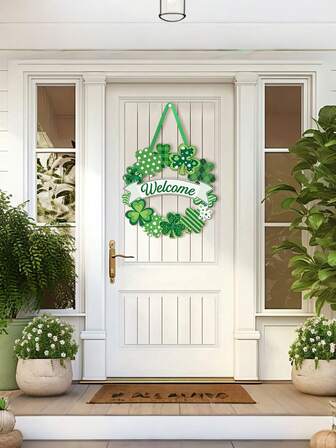 Träkrans med klöver, lämplig för ytterdörrskylt, väggskylt, klöver, vårdekor, irländsk symbol för välkomsthängande, lämplig för heminredning, fest, utomhusinredning, restauranginredning, hotellinredning, sovrumsinredning, vardagsrumsinredning