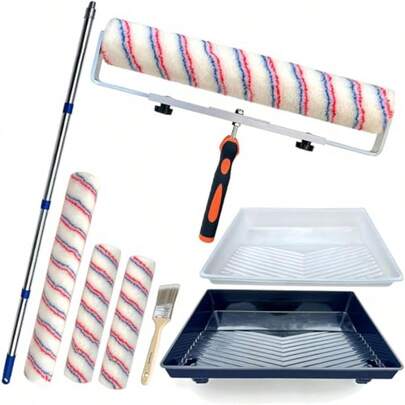 Paint Roller Kit With Extension Pole Adjustable Frame 12 Inch 18 Inch Microfiber Covers Extra-Large Stain Roller Brush Tray Liner Set For Walls Ceilings Interior Exterior Painting