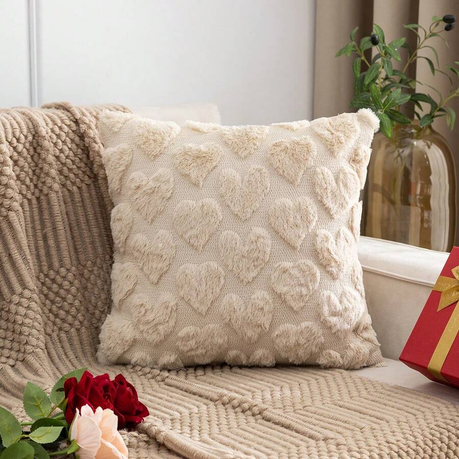 1pc Quilted Plush Heart Shaped Throw Pillow Cover, Suitable For Living Room, Bedroom, All Seasons, Valentine's Day Style - Beige - View 1