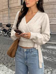 2025 Autumn/Winter Wrap Tie Knit Sweater, White, Women's Essential For Home, Commute, Date, Travel, Suitable For Various Occasions, Light Gray