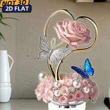 2D Piatto, Decorazione da scrivania a forma di cuore elegante con rose rosa romantiche e farfalle, con perline e rosa dorata, adatto come regalo per matrimonio, San Valentino, festa della mamma, decorazione per casa/ufficio/cucina, regalo di compleanno per donne, decorazione floreale, decorazione per la casa - A - Visualizzare 5