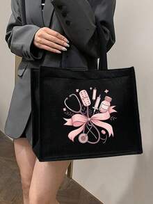 一套护士主题帆布手提袋和化妆包，休闲风格，布料材质，固定肩带，听诊器图案设计；一套护士主题黑色手提袋和化妆包，休闲风格，布料材质，印有听诊器、心脏、注射器、体温计、药丸图案，适合返校、度假旅行、户外活动。 - 彩色 - 查看 4