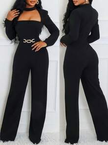 Women's Stylish Elegant Long Sleeve Jumpsuit - Square Neckline, Metal Buckle Detail, Perfect For Office, Daily Outings & Formal Occasions - 黑色 - 查看 1