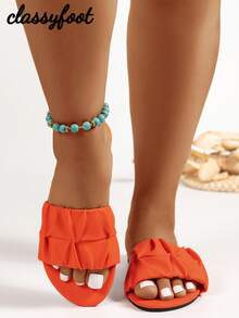 Women Wide Fit Fashion Square Toe Pleated Flat Sandals, Orange PU Summer Holiday Slide Slippers - Orange - View 6