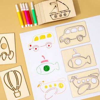 15pcs/Set Wooden Hollow DIY Coloring Boards, 3-6 Years Old Children's Painting Model Boards, Baby Creative Graffiti Templates, Kindergarten Handmade Intelligence Toys, Birthday Holiday Gifts (Pen Color And Style Random)