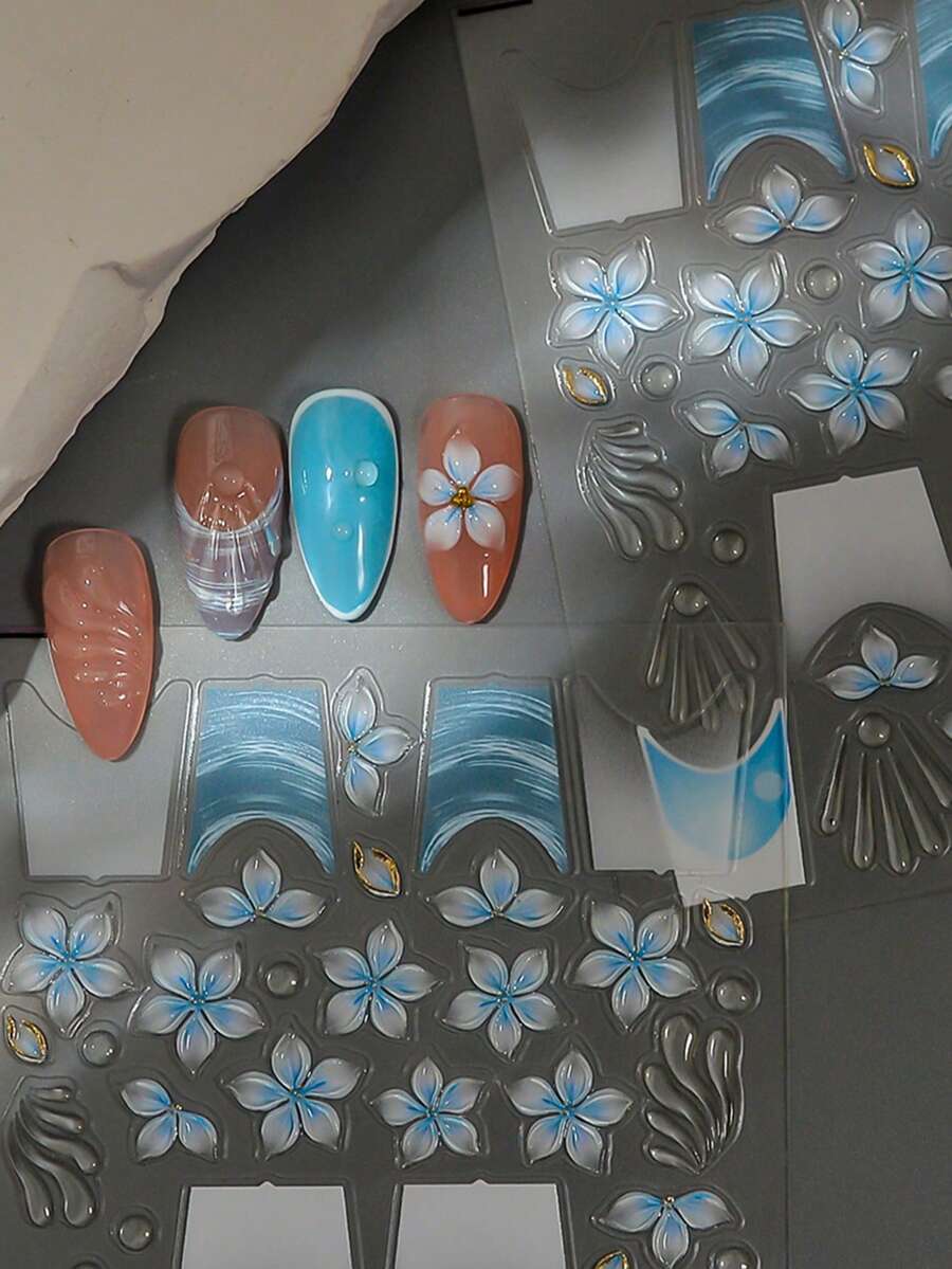 蓝色软胶浮雕花朵美甲贴纸 盛开的兰花 透明花瓣 日式婚礼设计 DIY美甲用品 浮雕饰品装饰美甲 - 淺藍色 - 查看 1