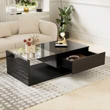 Coffee Table, Glossy Black. Side Table, Coffee Table With Glass Top - Black - View 10