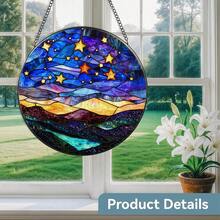2D Flat, Blue Sky Gold Stars Abstract Landscape Suncatcher Indoor/Outdoor Glass Window Hanging - Handmade Stained Glass Suncatchers For Windows Hanging - Decoration For Home Garden Christmas Party Wedding Housewarming Gifts - 彩色 - 查看 6