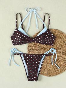 女士黑色底蓝色波点撞色比基尼，性感吊带沙滩度假两件式泳衣套装，2026春夏款，女士生日装，女士健身服，女士优雅连衣裙，女士度假装，外出上衣 - 彩色 - 查看 3
