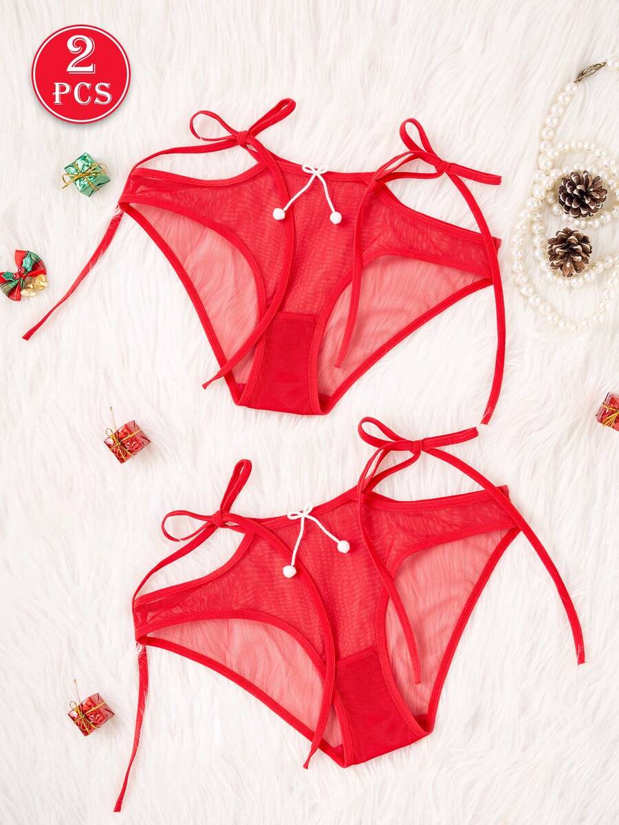2PCS Christmas Red Sheer Mesh Bow Low-Waist Lace Trim Briefs, Thin Breathable Stylish Lingerie, Daily Wear Special Occasions Birthday Gift - Red - View 1