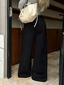 2026 Spring/Summer Women's Black Wide Leg Casual Sweatpants, Drawstring Waist, Side Pockets, Loose Fit - Black - View 5