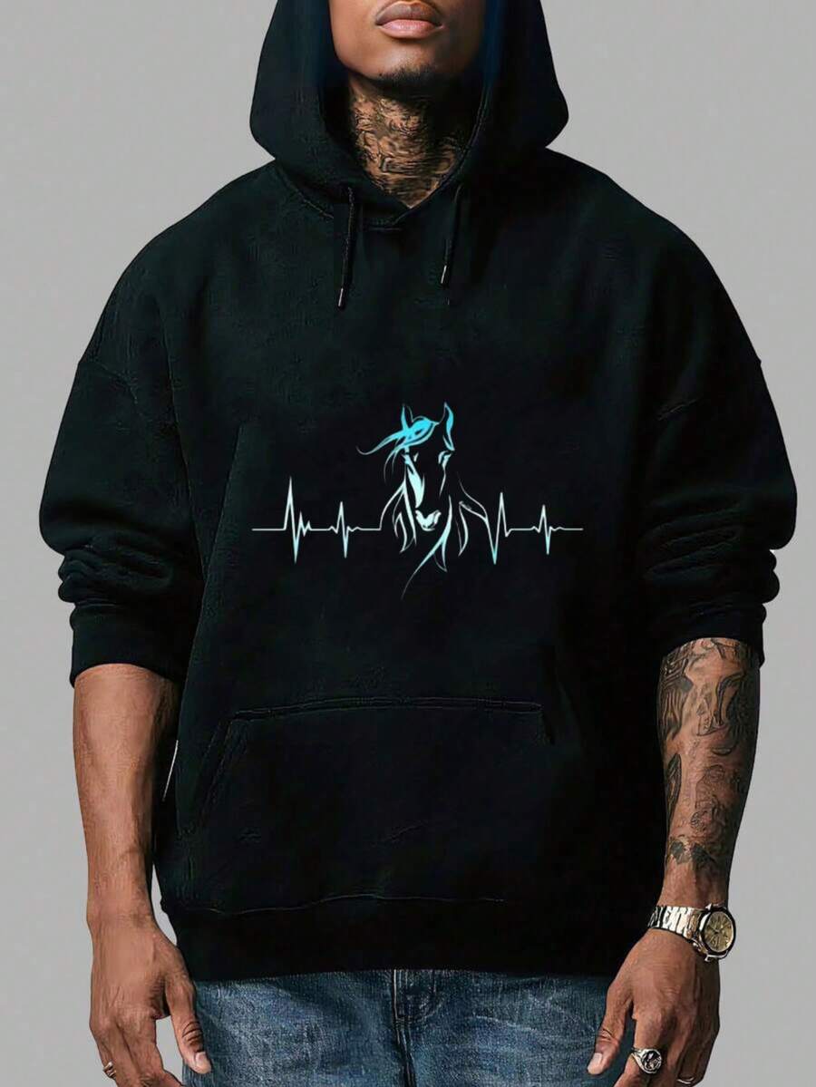 Horse Heartbeat Horse Lovers Pullover Hoodie For Men And Women - Stylish Hooded Sweatshirt With Pockets - Practical And Chic,Fall Hoodies,Men's Fall Clothes,Street Wear,Halloween,Mens Hoodies,Y2k Clothes,Jesus Hoodie,Thanksgiving Day,Nightmare Before Christmas,Christmas - 黑色 - 查看 1