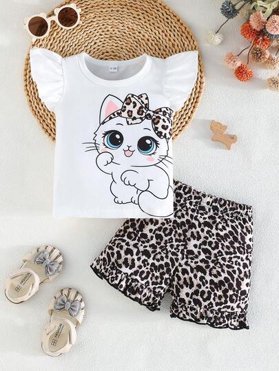 Baby Girl Summer Short Sleeve Ruffle Cuff Cartoon Cat Print Round Neck T-Shirt And Ruffle Hem Shorts Set