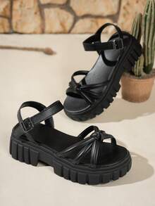 Sandalias romanas de mujer con tiras tejidas simples, sandalias de plataforma con cuña de estilo de diosa de unicolor, adecuadas para verano, uso diario, vacaciones y playa - Negro - Ver 6