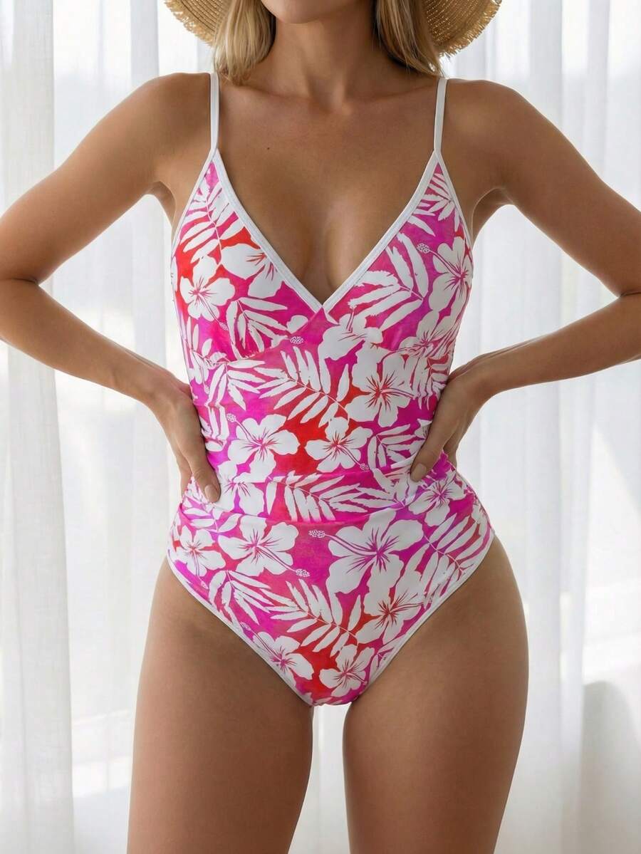 Women's Floral Print Casual Sleeveless One Piece Swimsuit - Multicolor - View 1