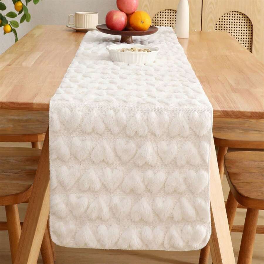Valentines Day Table Runner Quilted Plush Heart Table Runner Kitchen Dining Table Decoration - White - View 1