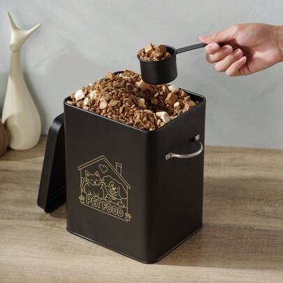 1pc Metal Dog Food Storage Container With Lid & Spoon - Airtight Seal, Square Tin Can For Pet Food Storage, Durable Rectangular Design For Home Or Travel, Pet Food Storage | Fashionable Metal Surface | Sturdy Handle Design, Dog Food Storage