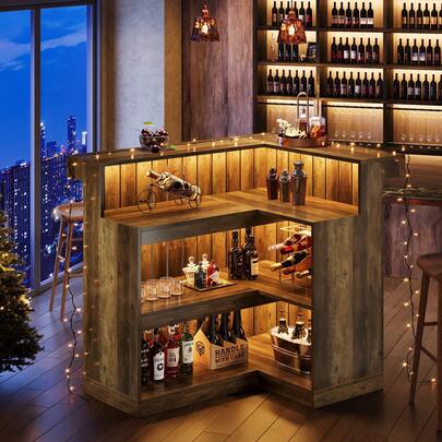 LITTLE TREE L-Shaped Home Bar Unit, 4-Tier Corner Liquor Bar Table With Storage Shelves And Wine Glasses Holder, Industrial Wine Cabinet Reception Desk For Home Pub (2, Brown)