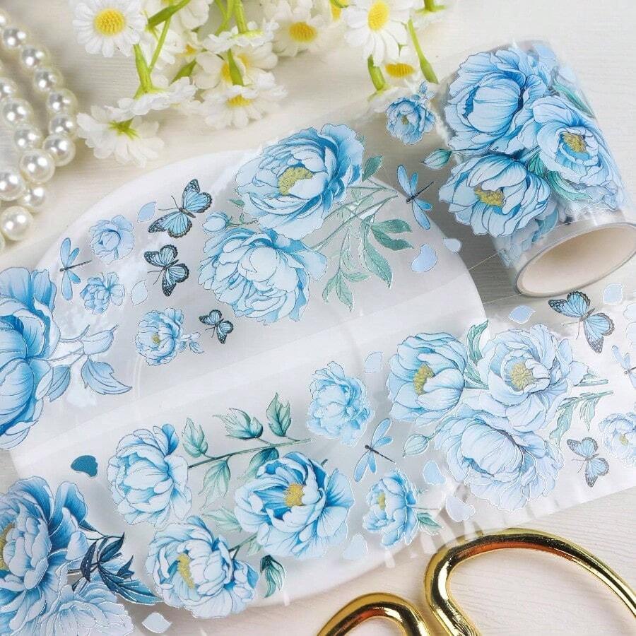 Journaling Scrapbook PET Tapes - Floral Scrapbooking Junk Journal Supplies, Flower Decorative Tapes Art Crafts, Aesthetic Washi Tapes Scrapbooking Supplies, Floral Journaling Tapes - 藍色牡丹 - 查看 1