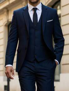 Valentines Day Outfit Men's Suit 3 Piece Blazer Jacket Vest Trousers Casual Fashion Wedding Dating Nightclub Formal Events Gift Business Casual Suits For MenSize XS-XXXL Adult Suit Tuxedo - 藏蓝色 - 查看 5