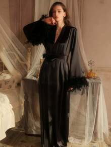Deep V Low-Cut Open Nightgown Light Luxury Temptation Ice Silk Sexy Waist Robe Loungewear - màu đen - Xem 2