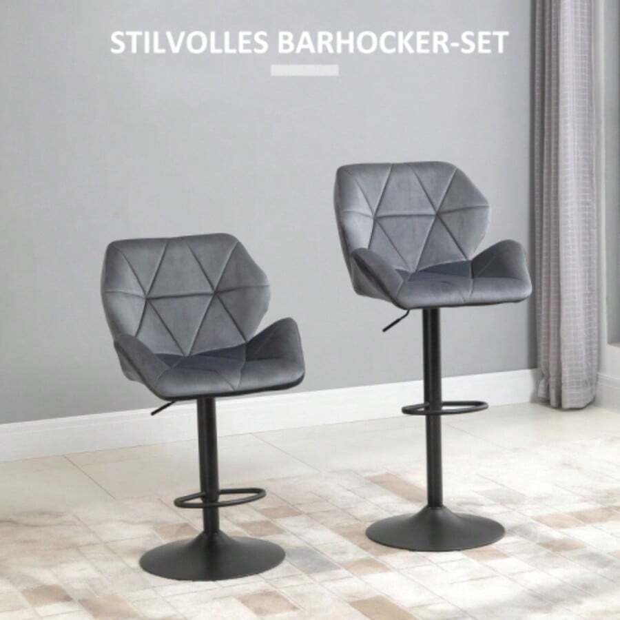 Set Of Two Bar Stools, Padded Bar Chair, With Metal Frame, Backrest, Velvet Look, Height Adjustable, 360° Swivel - Grey - View 1