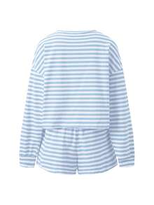 Women Y2K Striped 2 Piece Loungewear Set  Oversized Long Sleeve Crop Top  High Waisted Shorts  Cozy Casual Pajama Set For Lounge, Sleep  Weekend Outfits  Back To School Outfits - 天藍 - 查看 5