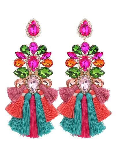 sehuoran 一对夸张奢华手工铜合金焊接水钻波西米亚风大流苏耳环，女士混色品牌设计婚礼流苏耳环首饰礼品，香槟色耳环