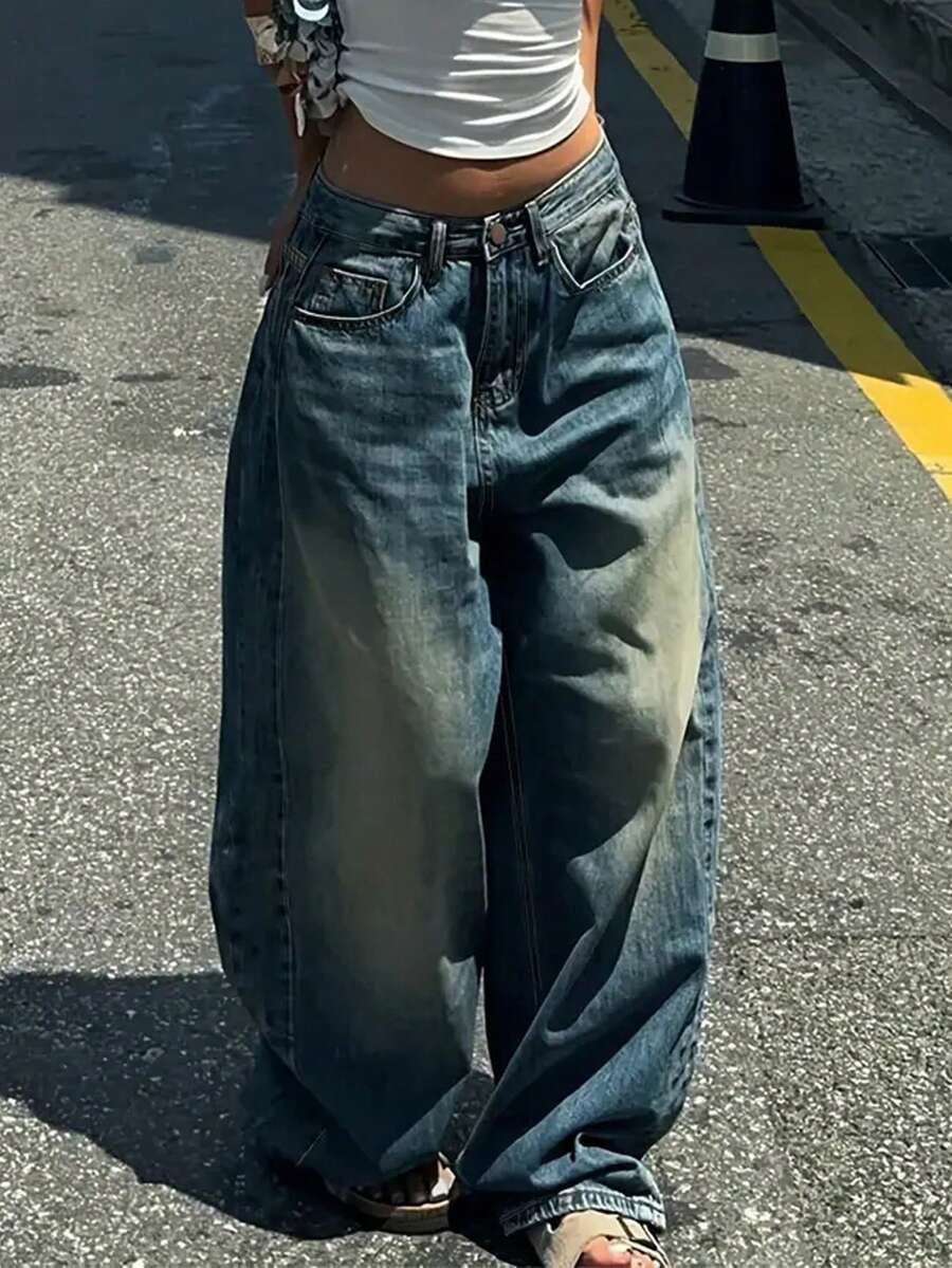 青少年时尚直筒阔腿休闲牛仔裤