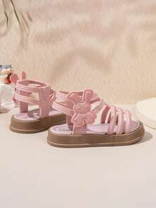 1 Pair Girls' Summer Fashion Roman Sandals, Soft Sole Non-Slip Stylish & Comfortable Beach Shoes - Pink - View 3