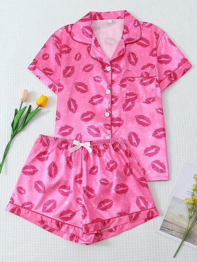 [Elegant Fields]2pcs Valentine's Day Women Pajama Set, Leopard Print Heart Satin Short Sleeve Shirt With Pocket & Collar And Bow Shorts Sleepwear Loungewear