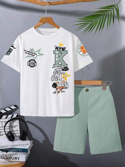 Young Boy Summer Casual Letter Print Short Sleeve T-Shirt And Shorts