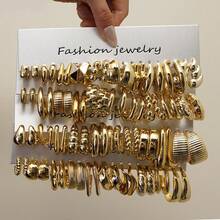 1-40 Pairs Bestselling Fashion Accessories, Gold, Multiple Styles. These Earrings Are Made Of High-Quality Plastic, With Shapes Including C-Shape, Teardrop, Textured, Striped, And Heart. A Set Can Meet All Your Daily Commute Wearing Needs. Mother's Day Fashion Earrings Set For Women - Gold - View 13