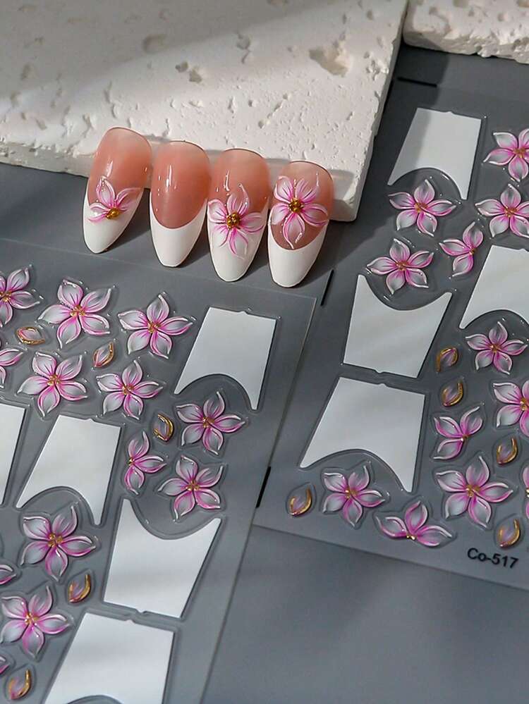 Wedding Nails Pink White Blooming Hibiscus Floral 5D Embossed Nail Art Stickers, Shiny Golden Star Lace Line Flower French Tips Nail Decals Self-Adhesive Soft Engraved Sliders DIY Nail Supplies Nail Charms Decorations - Baby Pink - View 3