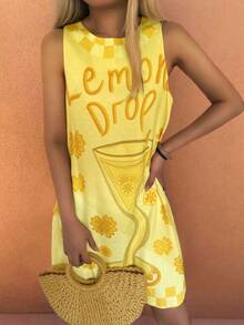 Sea Starshine Bohemian Style Summer Beach Casual Vacation Comfortable Women Lemon Cup Letter Contrast Plaid Leaf Pattern Sleeveless Dress, Brunch Outfit - Yellow - View 5