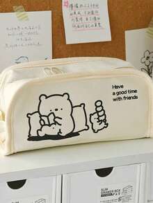 1 pieza Estuche de lápices de lona con diseño de oso lindo, caja de lápices con cremallera, bolsa de almacenamiento de gran capacidad, organizador de papelería, útiles escolares