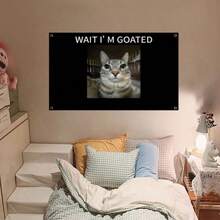 1pc "Wait, I'm A Goat" Funny Cat Banner, 3x5 Ft, Double-Layered Polyester Canvas With Brass Grommets, Indoor/Outdoor Decorative Sign, Mother's Day/Father's Day Gift, Party Decoration, Home Decor, Birthday Decoration - Black - View 2