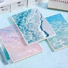 Caiet spiralat ondulat frumos, 120 de pagini A5/B5 - (Compact și portabil) Design pastelat albastru moale cu ocean, temă plajă cu păr frumos - Potrivit pentru școală, birou, studenți, profesori, pentru întoarcerea la școală, cadou ideal pentru prieteni - Legare durabilă și hârtie de înaltă calitate