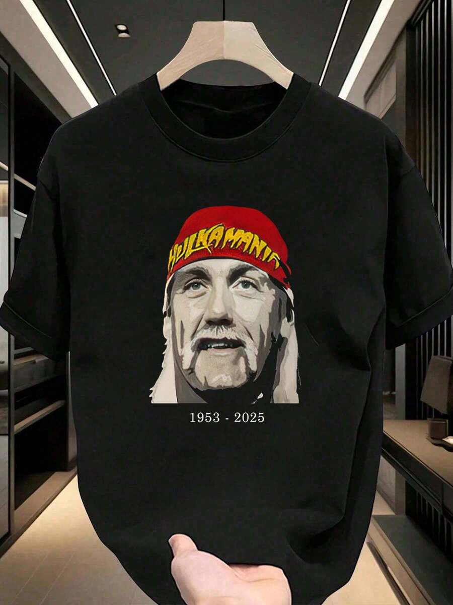 Camiseta estampada de lucha libre WWE Hogan HOGANMANIA | Cuello redondo suelto, moderno y casual, de manga corta - Negro B - Ver 1