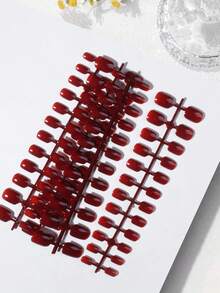 5pcs/Set (120pcs) Y2K Almond, Short Oval, Short Square Burgundy Nail Stickers, Short Acrylic Nail Stickers, Full Coverage False Nails, Includes 1pc Jelly Gel And 1pc Nail File, Suitable For Women And Girls For Daily Life And Parties - Red - View 4