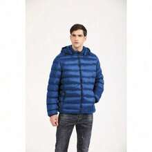 Lightweight Men's Puffer Jacket – Hooded Cotton-Padded Zipper Coat For Winter Cold Weather, Comfortable Travel Outerwear & Christmas Gift Option - 藍色 - 查看 7