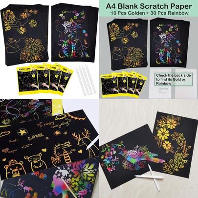 New Scratch Paper Art For Adults A4 Size 40 Pcs Blank Black Paper 4 Plastic Styluses Scratch Off Magic Paper Crafts Kits A4 Blank = 30p Rainbow +10p Gold