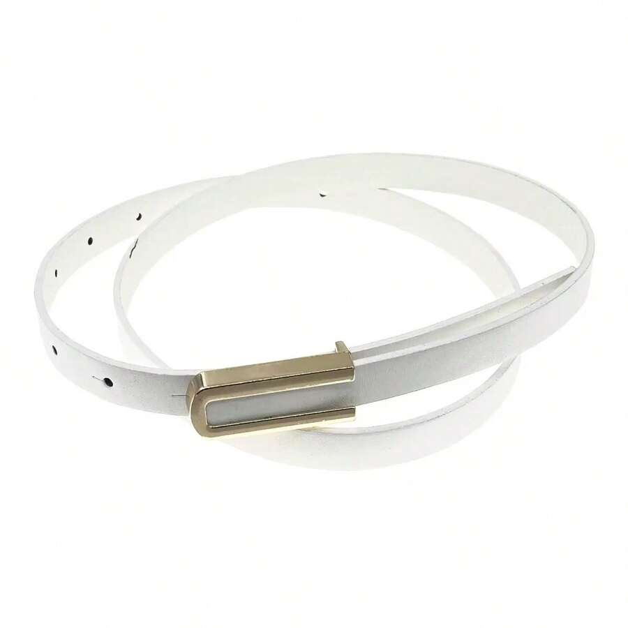 1pc Women's U-Shape Metal Buckle Thin Leather Belt Dress, Minimalist Suit White Waist Belt, Versatile Fashion - White - View 1