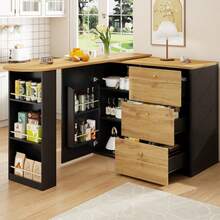 Extendable Bar Table With Storage (138-204*39*104cm), 360° Rotating Dining Bar, Modern Movable Bar Table, High Table Kitchen Island Bistro Table, Sideboard With Wood Grain - 黑色 - 查看 12