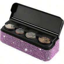 四格闪亮硬币收纳盒，水晶水钻硬币盒，便携式迷你硬币分配器，通用车载硬币整理器，汽车配件